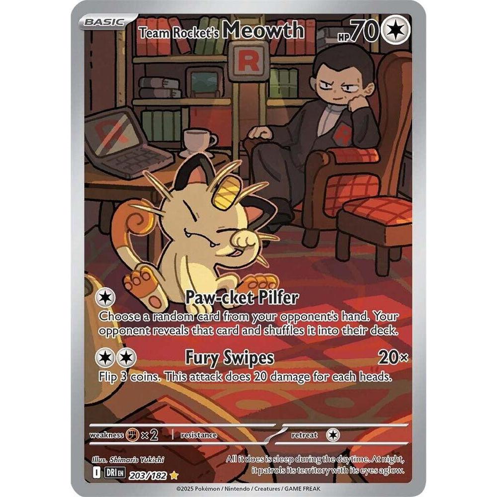 Team Rocket’s Meowth 203/182 – Illustration Rare from Pokémon TCG: Destined Rivals.