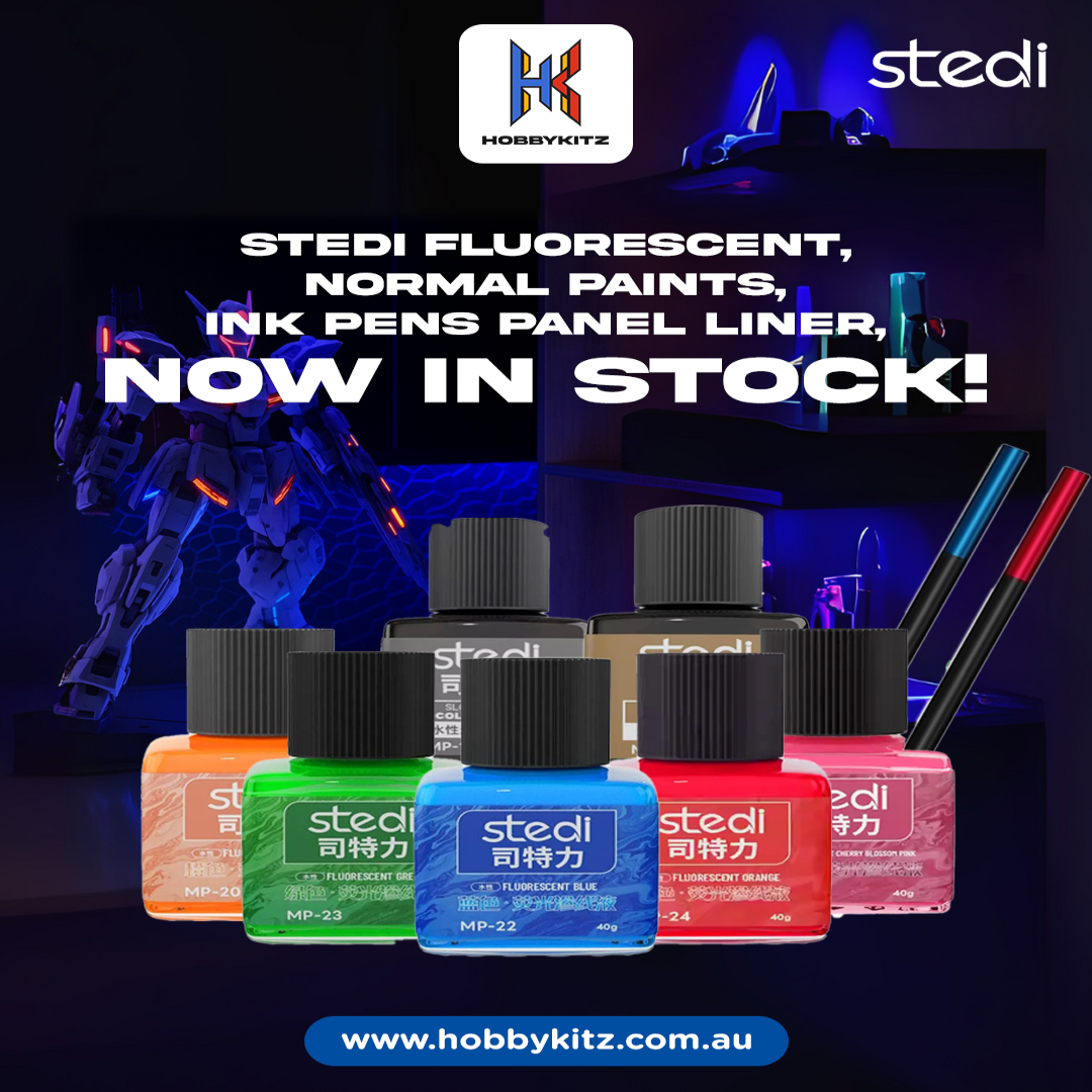 Promotional image of stedi paint products with a dark background and model kits.