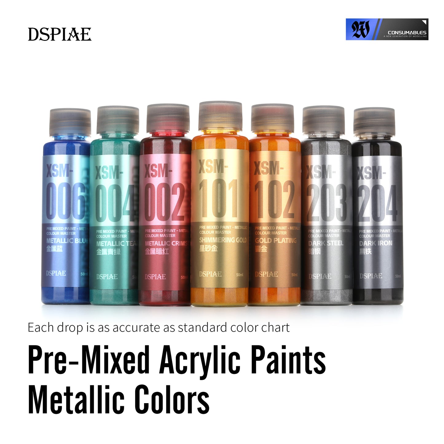 Water Based Metallic Pre-Mixed Model Paint 50ML – XSM Series (Red, Gold, Silver, Blue & More)
