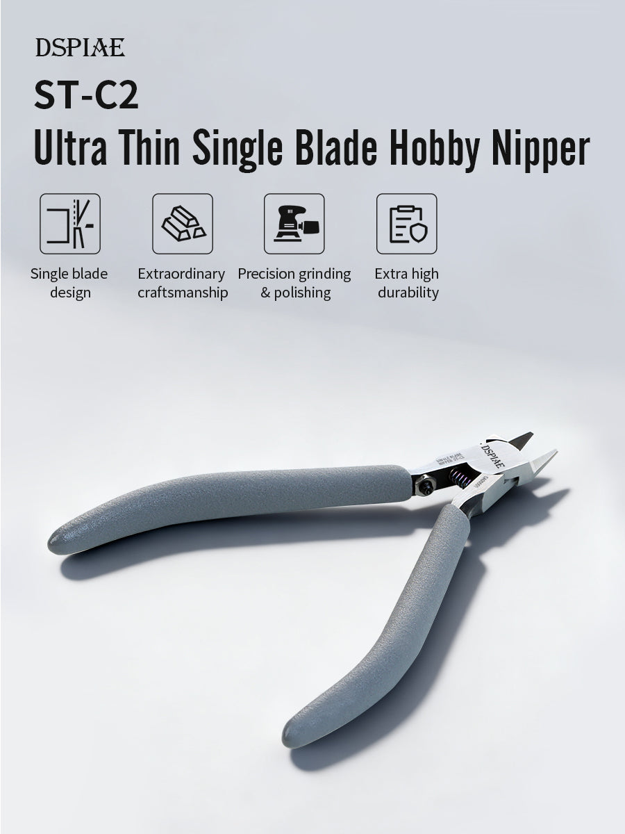 Ultra thin single blade hobby nipper with branding and feature text on a light gray background