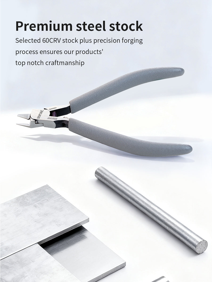 Pair of pliers with a cylindrical metal rod on a light gray background, emphasizing premium steel stock.