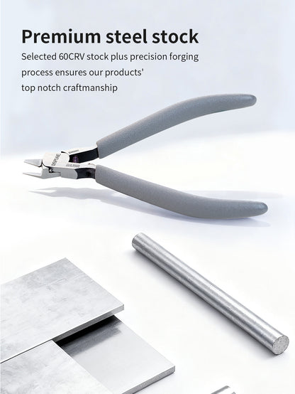 Pair of pliers with a cylindrical metal rod on a light gray background, emphasizing premium steel stock.