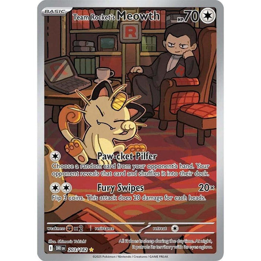 Team Rocket’s Meowth 203/182 – Illustration Rare from Pokémon TCG: Destined Rivals.