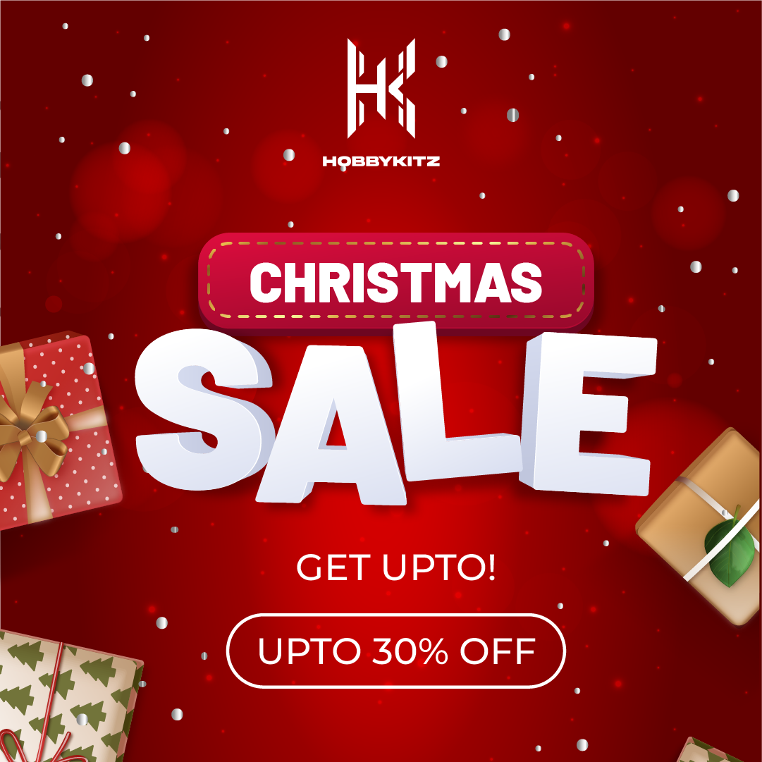 HobbyKitz Christmas sale advertisement with presents and discount offer on a red background
