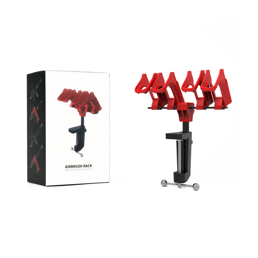 Red airbrush rack with black stand and packaging on a white background