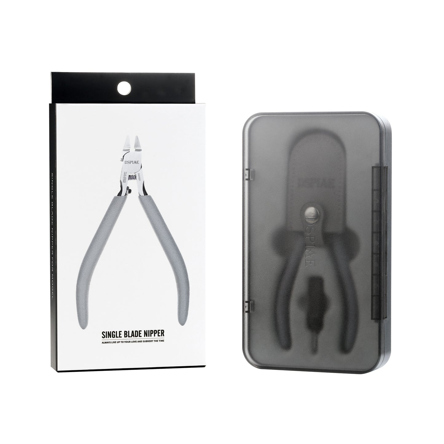 Single blade nipper with packaging and black case on a white background