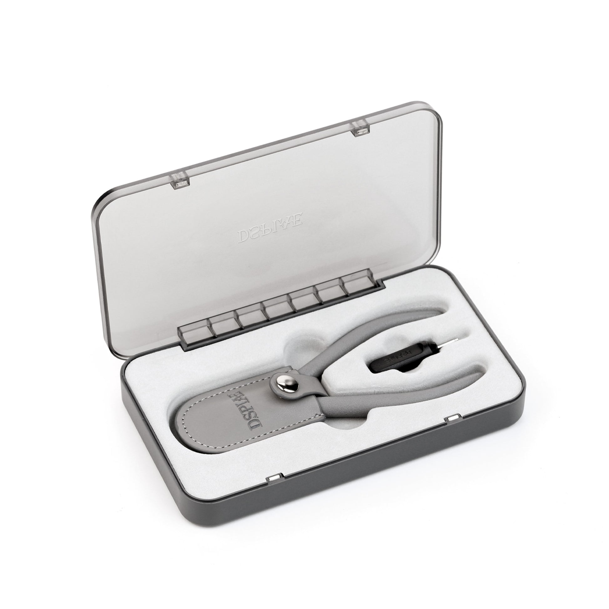 Silver nail clipper set in an open gray case on a white background